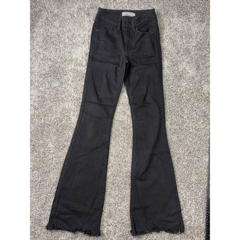 Just USA Black Flare Jeans Women Size 0 High Rise Raw Hem Denim Pants 1077